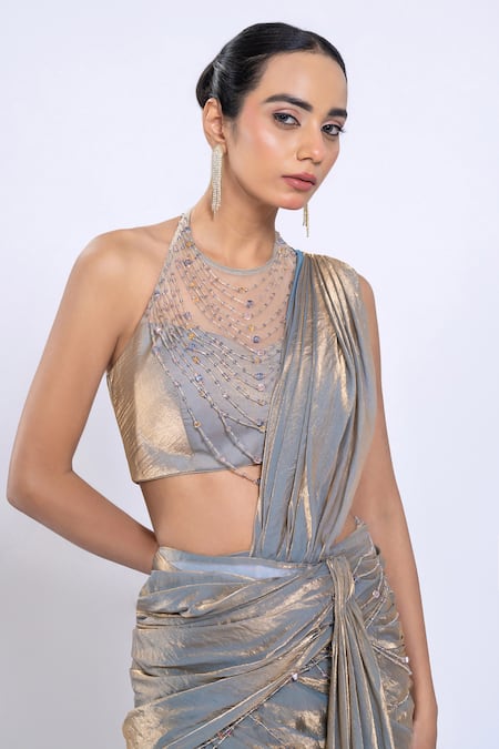 Ellemora Fashions_Gold Foil Printing, Beads, Metallic Thread Halter Pre-draped Skirt Saree Set _at_Aza_Fashions