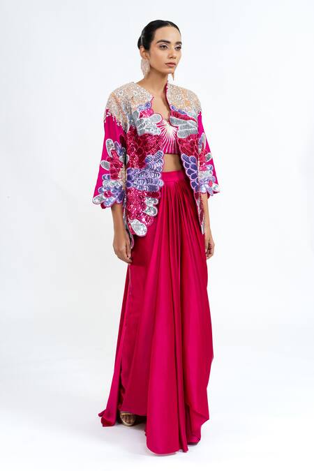 Ellemora Fashions Fuchsia Satin Sequins, Embroidery Open Neck, Feather Majesty Jacket Set Online at Aza Fashions Ellemora Fashions_Fuchsia Satin Sequins, Embroidery Open Neck, Feather Majesty Jacket Set _Online_at_Aza_Fashions