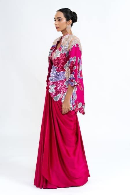 Buy Ellemora Fashions Fuchsia Satin Sequins, Embroidery Open Neck, Feather Majesty Jacket Set Online at Aza Fashions Buy_Ellemora Fashions_Fuchsia Satin Sequins, Embroidery Open Neck, Feather Majesty Jacket Set _Online_at_Aza_Fashions