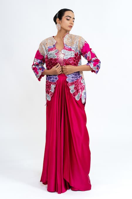 Shop Ellemora Fashions Fuchsia Satin Sequins, Embroidery Open Neck, Feather Majesty Jacket Set Online at Aza Fashions Shop_Ellemora Fashions_Fuchsia Satin Sequins, Embroidery Open Neck, Feather Majesty Jacket Set _Online_at_Aza_Fashions