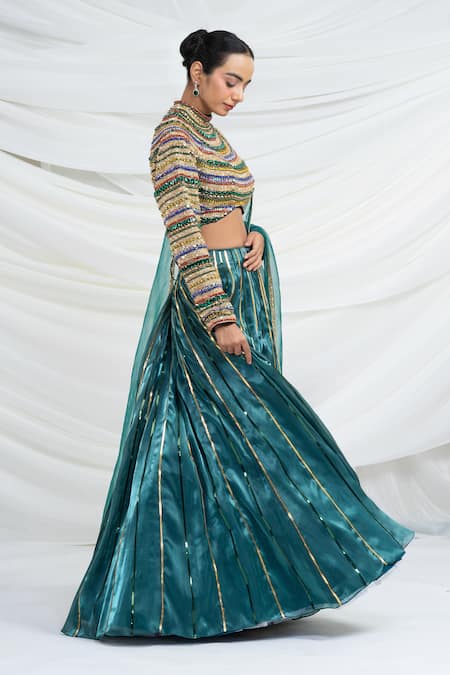 Buy_Ellemora Fashions_Turquoise Silk, Tissue Sequins, Beads Emerald Empire Embroidered Lehenga Set _Online_at_Aza_Fashions