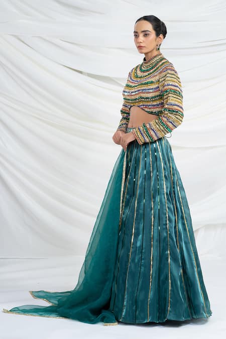 Shop_Ellemora Fashions_Turquoise Silk, Tissue Sequins, Beads Emerald Empire Embroidered Lehenga Set _Online_at_Aza_Fashions