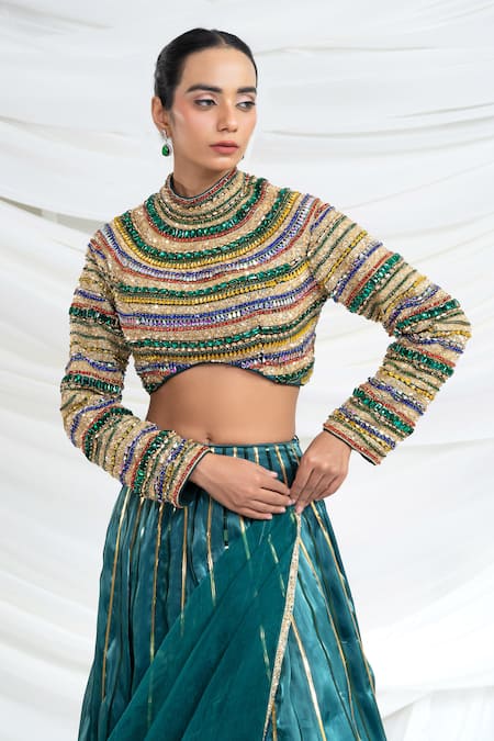 Ellemora Fashions_Turquoise Silk, Tissue Sequins, Beads Emerald Empire Embroidered Lehenga Set _at_Aza_Fashions