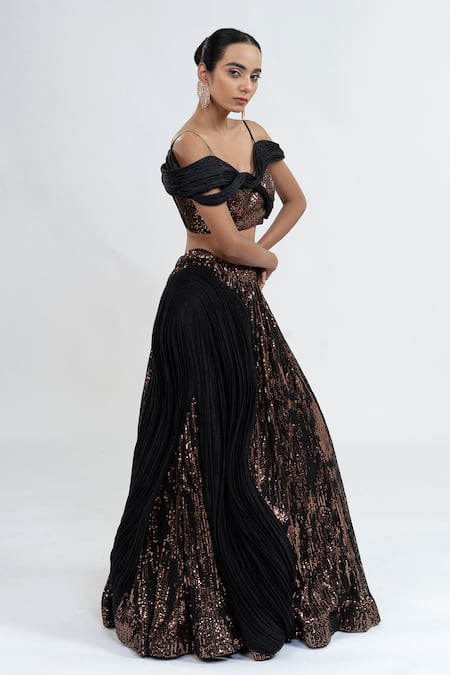 Buy_Ellemora Fashions_Black Net Sequins Sweetheart Starlight Serenade Embroidered Lehenga With Blouse _Online_at_Aza_Fashions