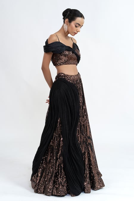 Shop_Ellemora Fashions_Black Net Sequins Sweetheart Starlight Serenade Embroidered Lehenga With Blouse _Online_at_Aza_Fashions