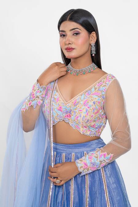 Buy_Ellemora Fashions_Blue Tissue, Silk Zari, Metallic Glacial Glamour Stripe Pattern Lehenga Set _Online_at_Aza_Fashions
