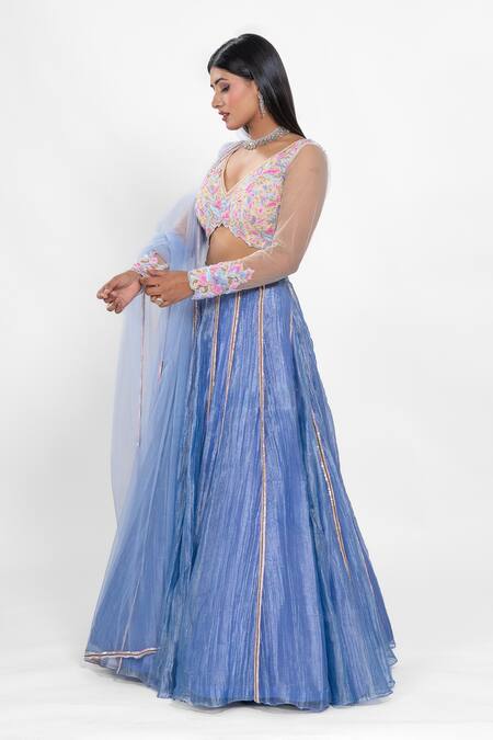 Shop_Ellemora Fashions_Blue Tissue, Silk Zari, Metallic Glacial Glamour Stripe Pattern Lehenga Set _Online_at_Aza_Fashions