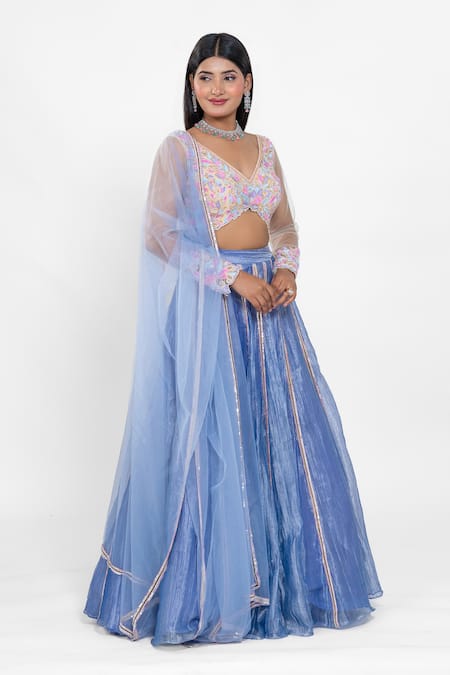 Ellemora Fashions_Blue Tissue, Silk Zari, Metallic Glacial Glamour Stripe Pattern Lehenga Set _at_Aza_Fashions