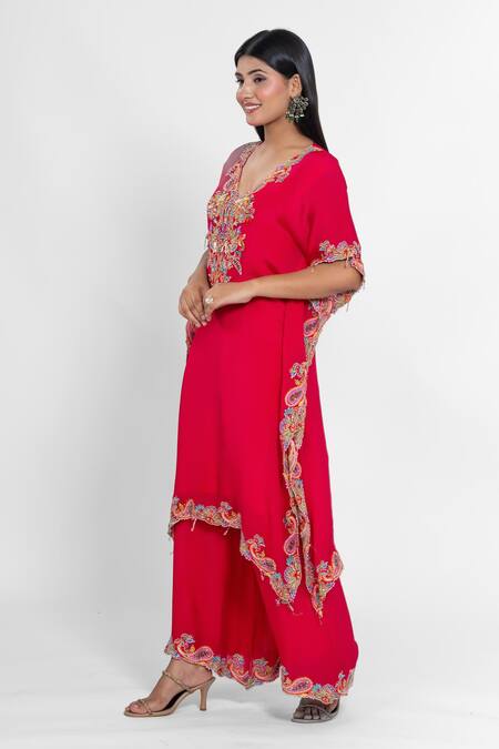 Buy_Ellemora Fashions_Fuchsia Flame Yoke Embroidered Kaftan With Pant _Online_at_Aza_Fashions
