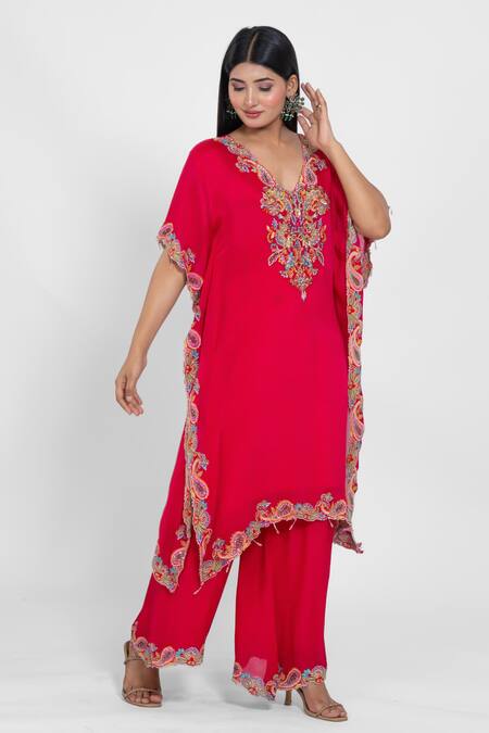 Shop_Ellemora Fashions_Fuchsia Flame Yoke Embroidered Kaftan With Pant _Online_at_Aza_Fashions