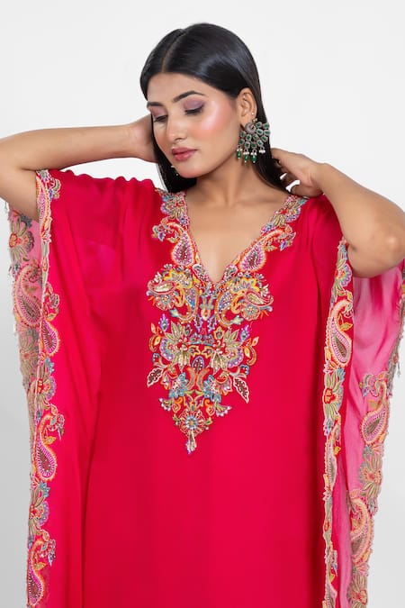 Ellemora Fashions_Fuchsia Flame Yoke Embroidered Kaftan With Pant _at_Aza_Fashions