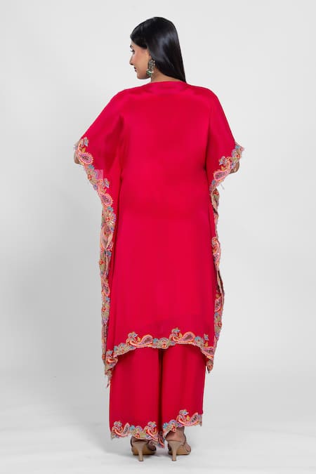 Ellemora Fashions Fuchsia Flame Yoke Embroidered Kaftan With Pant 