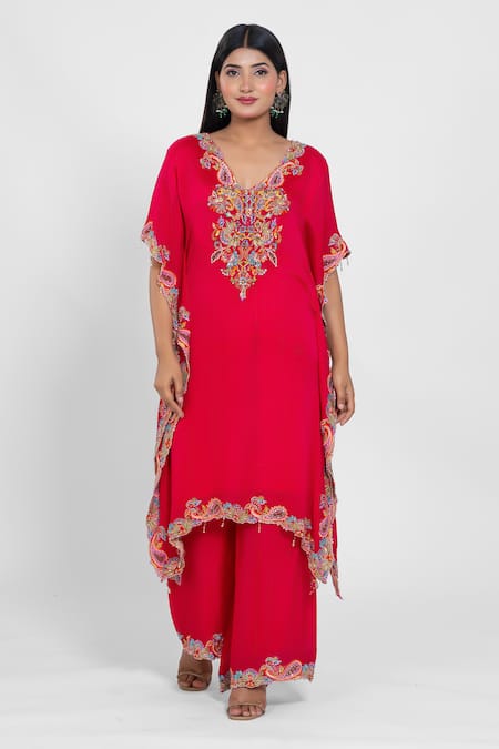 Ellemora Fashions Fuchsia Flame Yoke Embroidered Kaftan With Pant