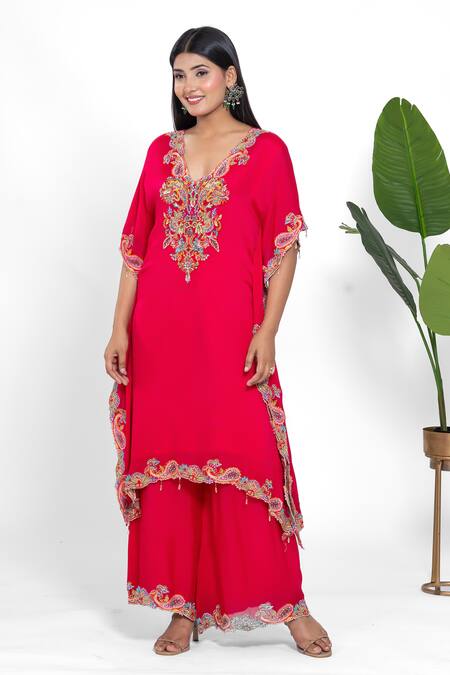 Buy_Ellemora Fashions_Fuchsia Flame Yoke Embroidered Kaftan With Pant 