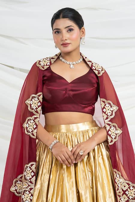 Shop_Ellemora Fashions_Gold Tissue, Silk Embroidery, Zari Sweetheart Neck Royale Blouse Lehenga Set _Online_at_Aza_Fashions