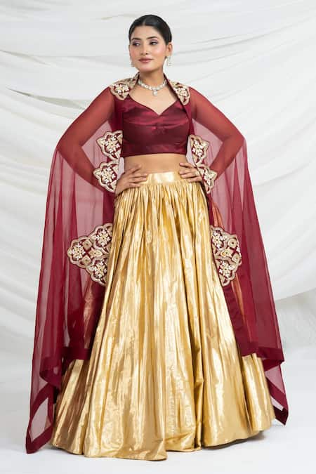 Ellemora Fashions_Gold Tissue, Silk Embroidery, Zari Sweetheart Neck Royale Blouse Lehenga Set _at_Aza_Fashions