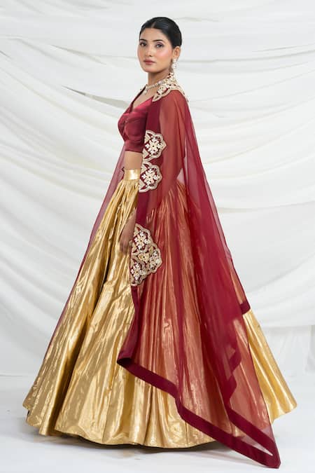 Shop_Ellemora Fashions_Gold Tissue, Silk Embroidery, Zari Sweetheart Neck Royale Blouse Lehenga Set 
