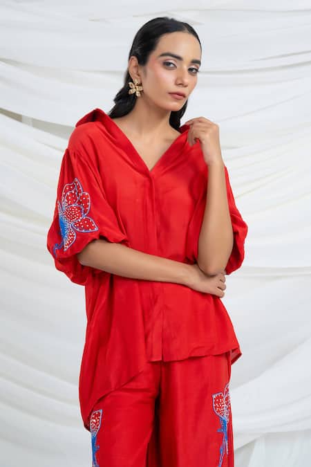 Buy_Ellemora Fashions_Crimson Charm Embroidered Shirt With Pant 