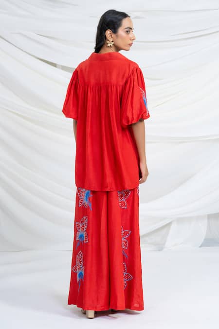 Ellemora Fashions Crimson Charm Embroidered Shirt With Pant 