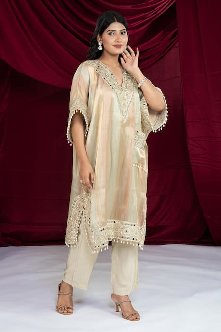 Ellemora Fashions Multicolor Gold Tissue Kaftan Set