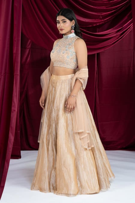 Shop_Ellemora Fashions_Rose Gold Tissue, Silk Embroidery, Sequins High Neck Lehenga Set _Online_at_Aza_Fashions
