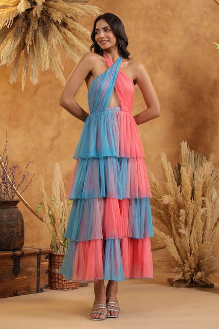 Buy_B'Infinite_Blue Net Halter Neck Sky Candy Tulle Tiered Dress _Online_at_Aza_Fashions