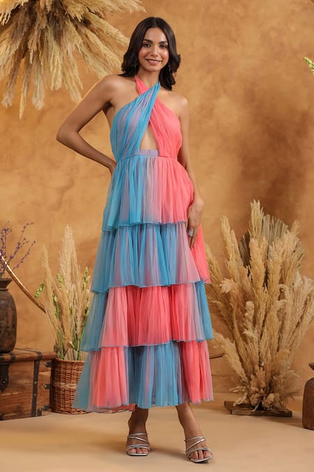 Shop_B'Infinite_Blue Net Halter Neck Sky Candy Tulle Tiered Dress _Online_at_Aza_Fashions
