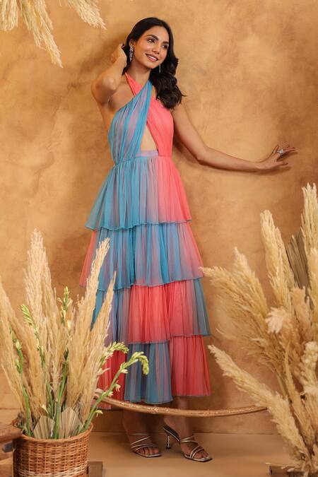 B'Infinite_Blue Net Halter Neck Sky Candy Tulle Tiered Dress _at_Aza_Fashions