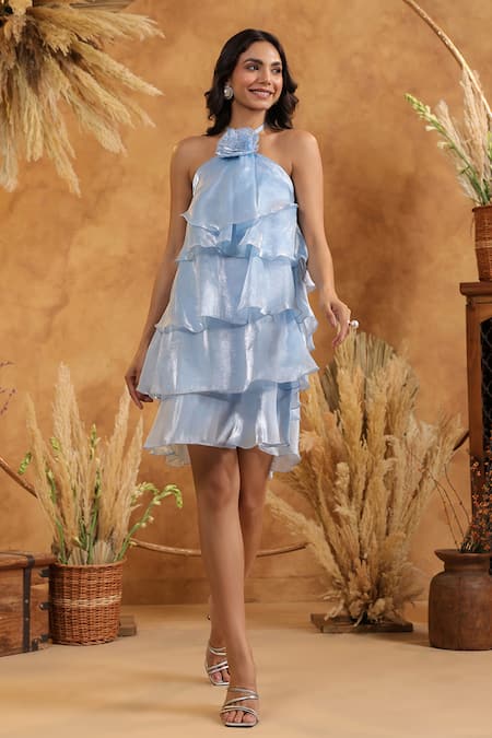 B'Infinite_Blue Organza Halter Neck Cotton Candy Layered Tulle Dress _Online_at_Aza_Fashions