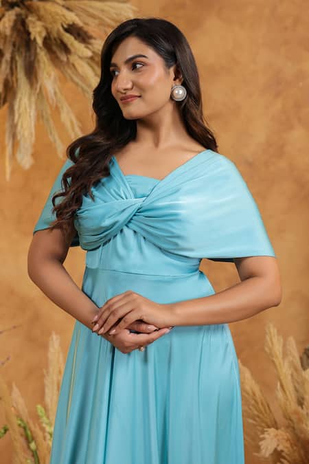 B'Infinite_Blue Satin Off-shoulder Cyan Twist Front Off Gown _Online_at_Aza_Fashions