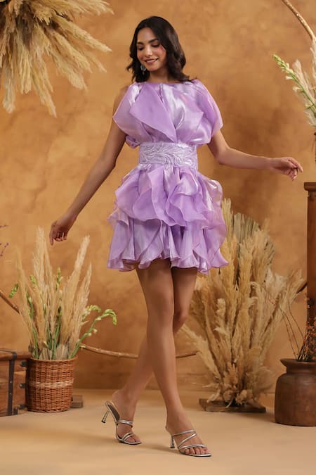 Buy_B'Infinite_Purple Organza Beads Round Neck Embellished Lilac Ruffled Dress _Online_at_Aza_Fashions