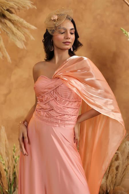 B'Infinite_Enchanted Peach Draped Gown _Online_at_Aza_Fashions