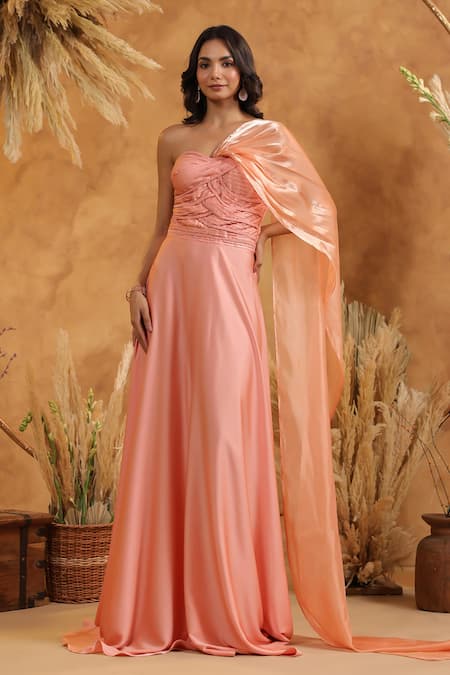 B'Infinite Enchanted Peach Draped Gown 