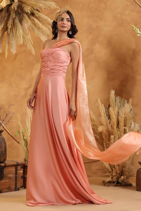 Buy_B'Infinite_Enchanted Peach Draped Gown _Online_at_Aza_Fashions
