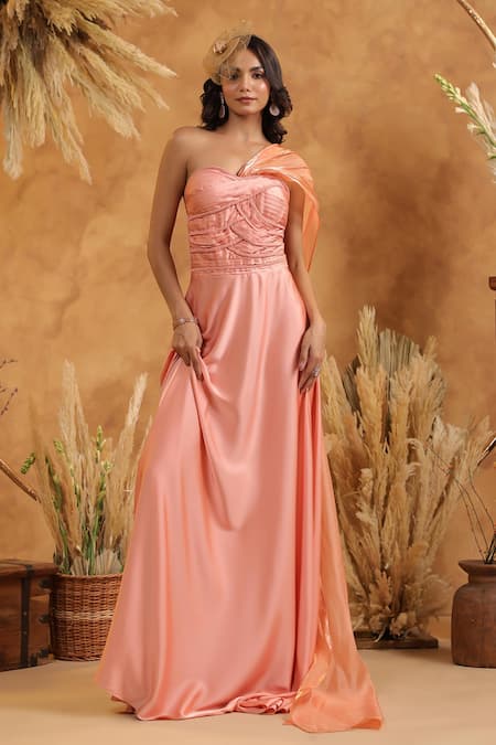 B'Infinite_Enchanted Peach Draped Gown _at_Aza_Fashions