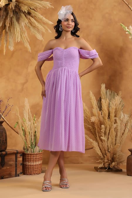 B'Infinite_Lilac Georgette Off-shoulder Lavender Off Dress _Online_at_Aza_Fashions
