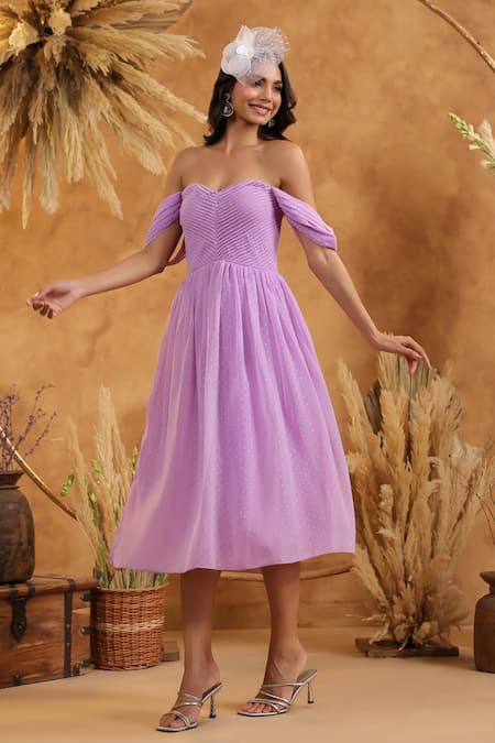Buy_B'Infinite_Lilac Georgette Off-shoulder Lavender Off Dress _Online_at_Aza_Fashions