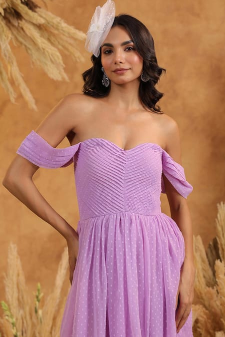 B'Infinite_Lilac Georgette Off-shoulder Lavender Off Dress _at_Aza_Fashions