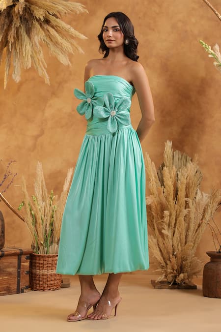 B'Infinite_Green Satin Sequins Off-shoulder Mint Floral Midi Dress _Online_at_Aza_Fashions