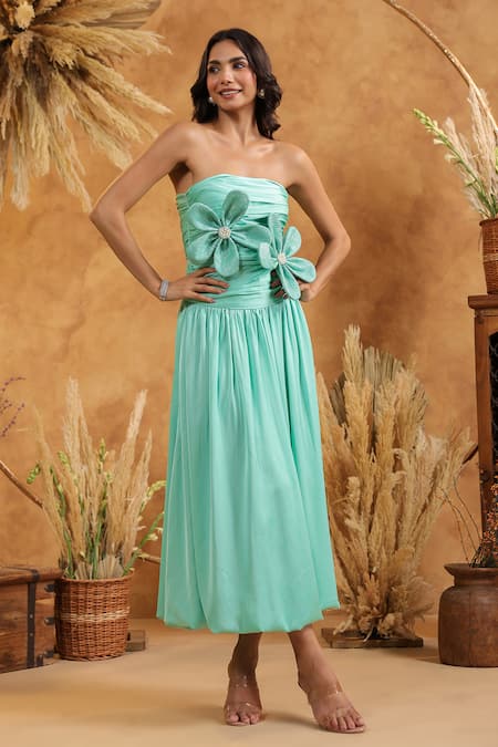 Shop_B'Infinite_Green Satin Sequins Off-shoulder Mint Floral Midi Dress _at_Aza_Fashions