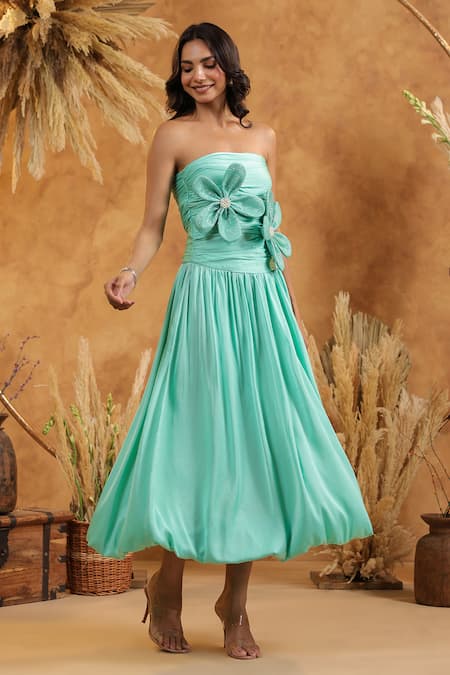 Shop_B'Infinite_Green Satin Sequins Off-shoulder Mint Floral Midi Dress _Online_at_Aza_Fashions