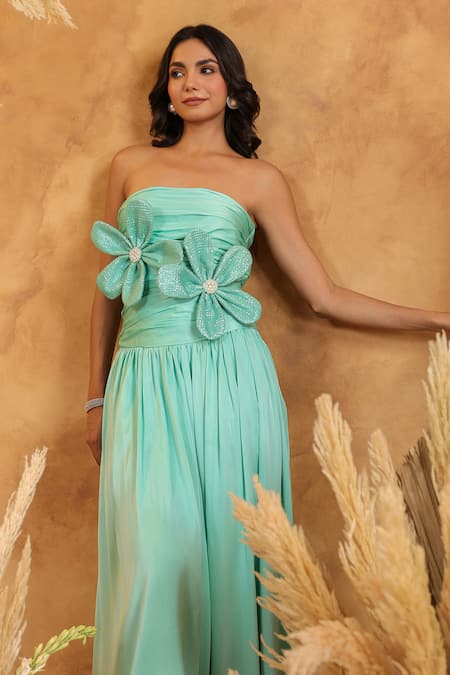 B'Infinite_Green Satin Sequins Off-shoulder Mint Floral Midi Dress _at_Aza_Fashions
