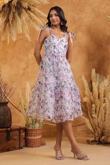 B'Infinite_Purple Organza V-neck Lavender Blush Bow Dress _at_Aza_Fashions