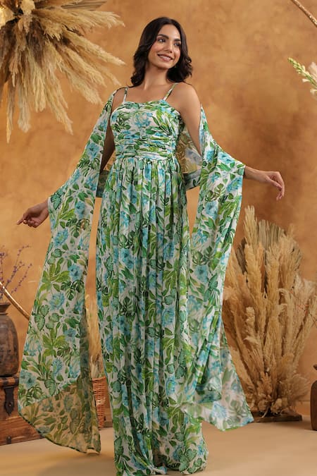 Shop_B'Infinite_Green Georgette Square , Open Tropical Fern Gown And Cape Set _Online_at_Aza_Fashions