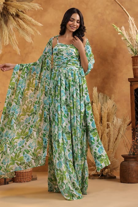 B'Infinite_Green Georgette Square , Open Tropical Fern Gown And Cape Set _at_Aza_Fashions