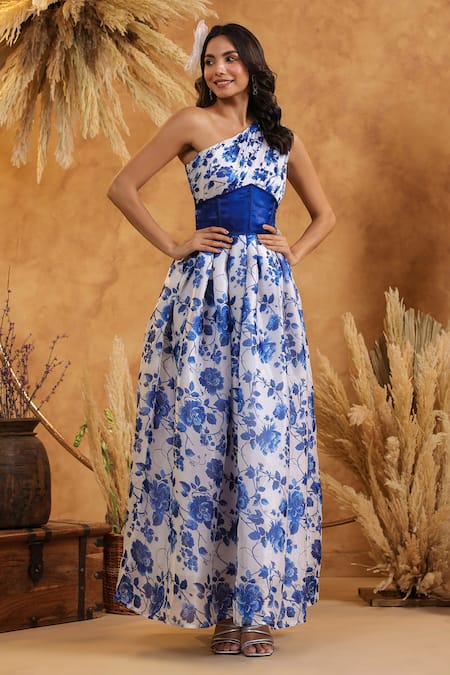 B'Infinite_Blue Organza One Shoulder Rose Gown _Online_at_Aza_Fashions