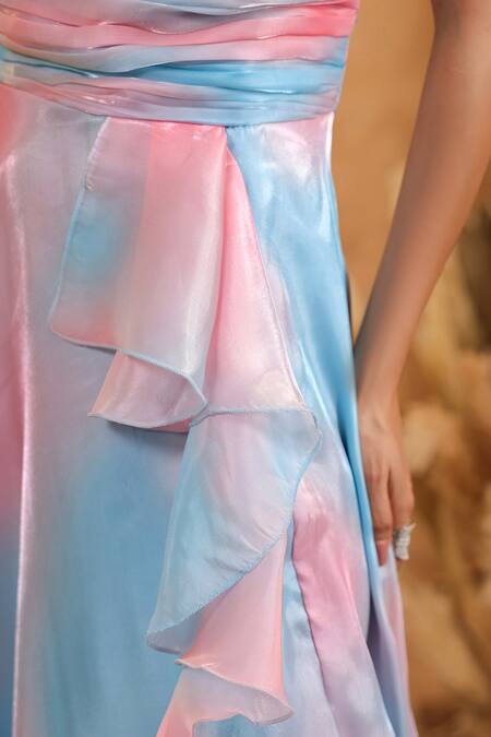 B'Infinite_Blue Organza Sweetheart Neck Sky Candy Draped Gown _Online_at_Aza_Fashions