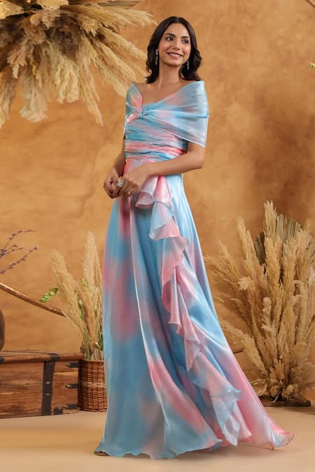 B'Infinite_Blue Organza Sweetheart Neck Sky Candy Draped Gown _at_Aza_Fashions