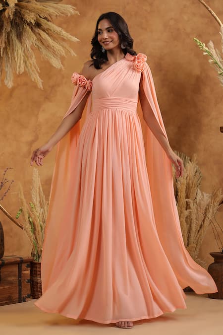 B'Infinite_Peach Blossom Cape Gown _Online_at_Aza_Fashions