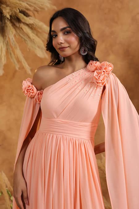 Shop_B'Infinite_Peach Blossom Cape Gown _Online_at_Aza_Fashions